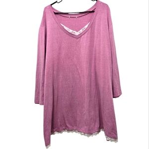 ``T25907 Pink V-Neck Lace-Trim Tunic